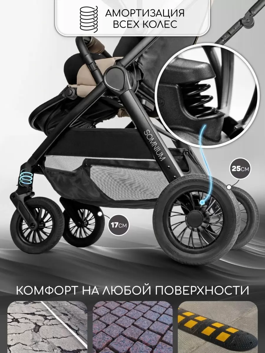 Детская прогулочная коляска Amarobaby Somnium (бежевый) - фото